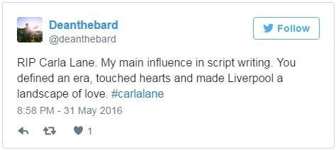 @deanthebard tweets: RIP Carla Lane. My main influence in script writing. You defined an era, touched hearts and made Liverpool a landscape of love. #carlalane