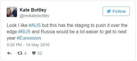 @revkatebottley: Look I like #AUS but this has the staging to push it over the edge #RUS and Russia would be a lot easier to get to next year #Eurovision