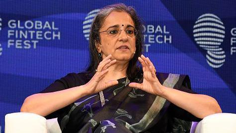 Chairperson of Security and Exchange Board of India (SEBI) Madhabi Puri Buch gestures with her hands as she speaks at the Global Fintech Fest (GFF) in Mumbai