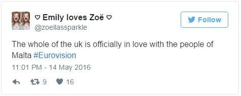 @zoellassparkle: The whole of the uk is officially in love with the people of Malta #Eurovision