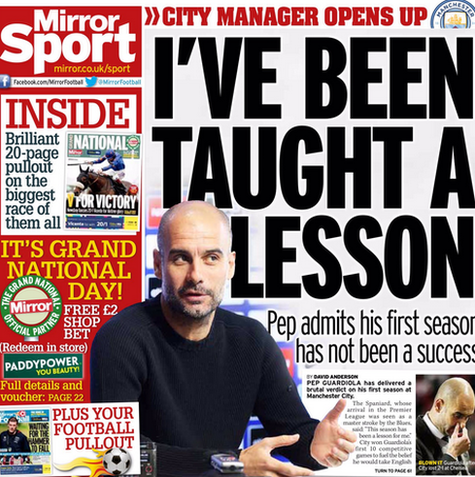 The back page of Saturday's Daily Mirror features Manchester City boss Pep Guardiola