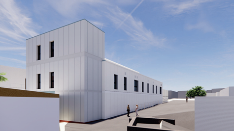 A computer-generated image showing what the new surgery building could look like - a long, modern-looking mostly two-storey building, with white panelling on its exterior. It has a smaller block at one end with three storeys. 