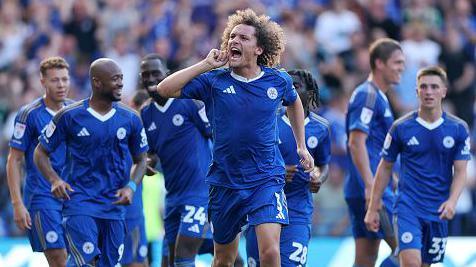 Wout Faes celebrating against Sheffield Wednesday on Sunday.