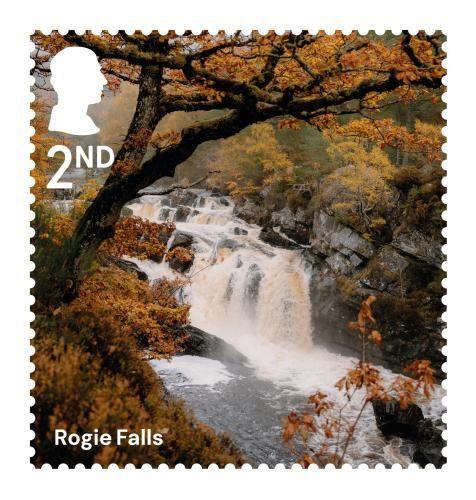 Rogie Falls in Ross-shire in the Highlands of Scotland shown on a second class stamp.