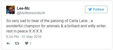 @MylifeinwordsUK tweets: So very sad to hear of the passing of Carla Lane , a wonderful champion for animals & a brilliant and witty writer. rest in peace X X X X