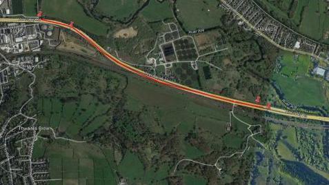 The location of the speed cameras on the Aire Valley Road