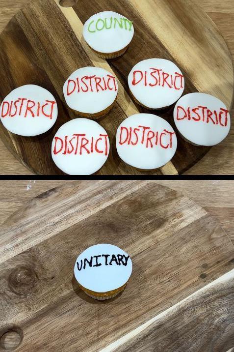 In the upper image, six iced buns saying 'district' lie below a single iced bun saying 'county'.
In the lower image, they are replaced by a single cupcake, reading 'unitary'.