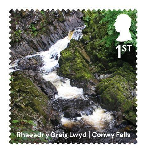 Rhaeadr y Graig Lwyd (Conwy Falls) on the River Conwy at Bro Garmon in Conwy County Borough in Wales, shown on a first class stamp.