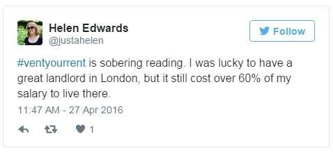 Helen Edwards tweets, 'hashtag vent your rent is sobering reading. I was lucky to have a great landlord in London, but it still cost over 60 per cent of my salary to live there'.