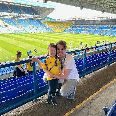BBC Radio Leeds' Jonathan Buchan with daughter in stands at Elland Road