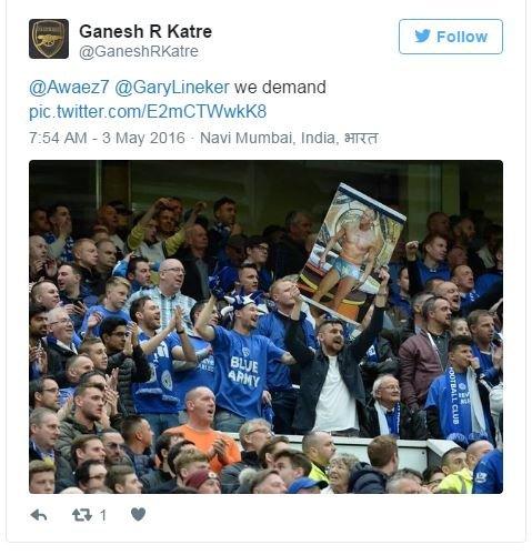 Ganesh tweets a photo of footballs fans in a crowd holding up a photo of Gary Lineker in his pants