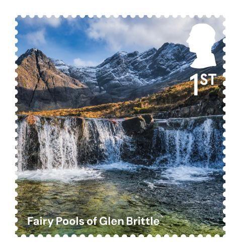 Fairy Pools of Glen Brittle in Glenbrittle on the Isle of Skye shown on a first class stamp.