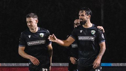 Jordan Williams (right) celebrates after scoring The New Saints' third goal