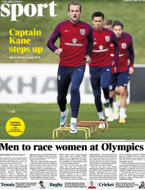 Saturday's Times features a picture of Harry Kane, who has been named England's captain against Scotland