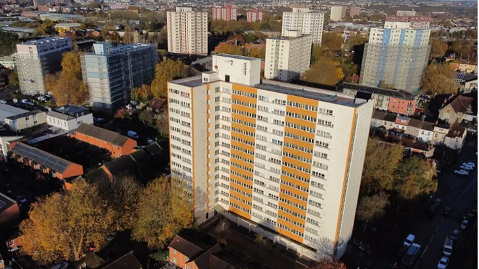 Aerial view of tower blocks