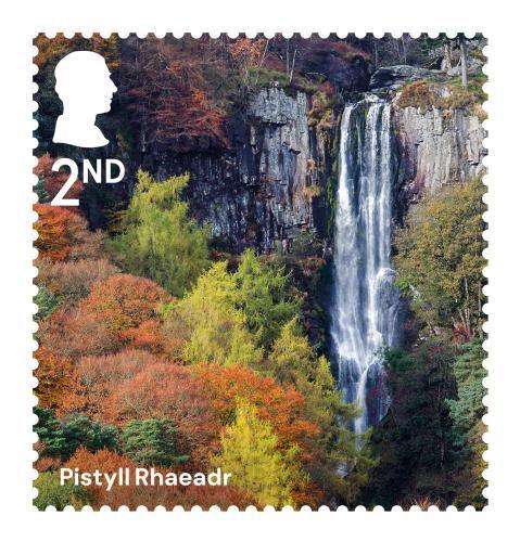 Pistyll Rhaeadr waterfall shown on a second class stamp.