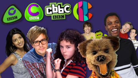 CBBC Logos throughout the years, Iain Sterling, Tracy Beaker, Hacker T Dog, Ed Petrie and Dick and Dom.