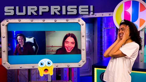 Alishea on CBBC HQ looking shocked with the cast of the next step on video call.
