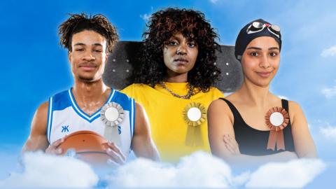 Three athletes are in the clouds