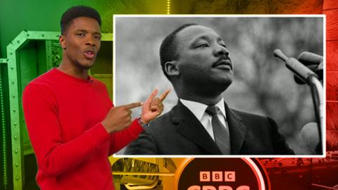 Rhys is pointing to a picture of Martin Luther King Jr