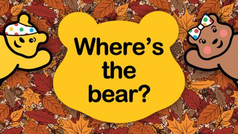 A silhouette of Pudsey's head, with "Where's the bear?" written inside. Either side, Pudsey and Blush lean in to the picture, waving.