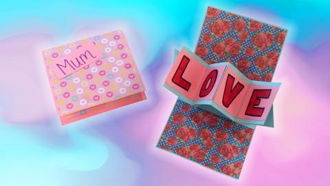 Two Mother's day cards. The left, in pink, covered in love hearts. On the right, and open card, with a pop-out section, with the word 'Love' written on it.