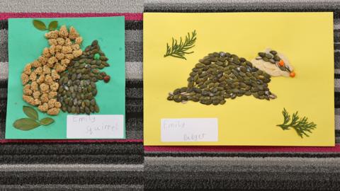Artwork of a badger and a squirrel, made from seeds.