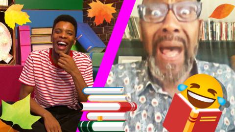 CBBC Book Club October with Rhys and Lenny Henry looking happy.