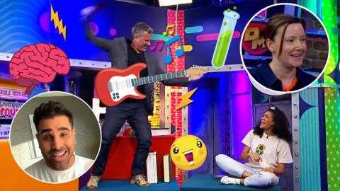 CBBC Book Club February with Adam Hills playing air guitar with Alishea and Dr Ranj and Lucy Brandt.