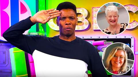Rhys Saluting on CBBC Book Club Set. With pictures of Jacqueline Wilson and Lucy Hawking