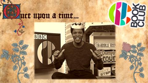 CBBC Book Club Ep 2 2021. With Rhys wearing a crown inside an old medieval book that says "Once Upon A Time".