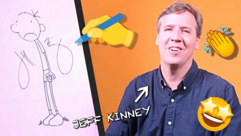 Jeff Kinney next to his drawing of Greg Heffley and emojis flying around him.