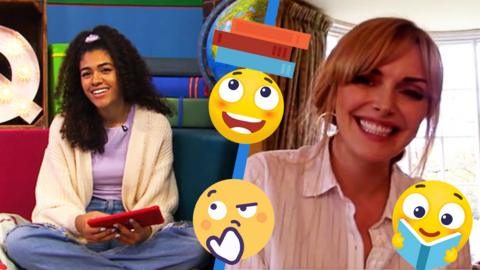 Alishea and Sophie Dahl smiling in CBBC Book Club with book emojis and a thinking emoji.