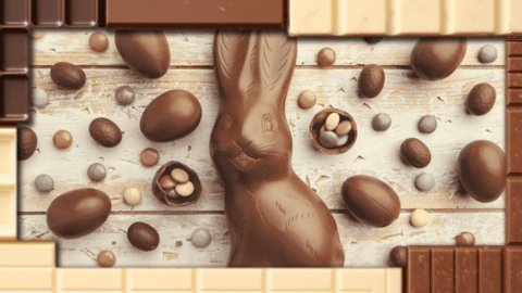 A chocolate easter bunny surrounded by chocolate easter eggs inside a chocolate frame