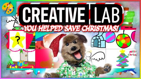 Hacker is surrounded by Christmas drawings. Text reads: CBBC Creative Lab, You helped save Christmas