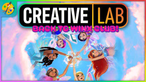 Winx club members next to the CBBC Creative Lab logo