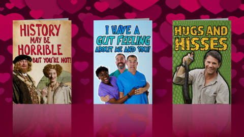 A row of three cards are placed in a line against a love heart background