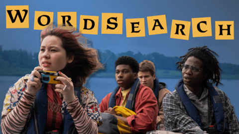 Crookhaven students are riding on a boat below the word "word search"