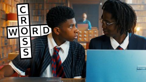 Ade and Ede Okoro from Crookhaven look at each other with a laptop in front of them, and the words 'cross' and 'word' to the left.