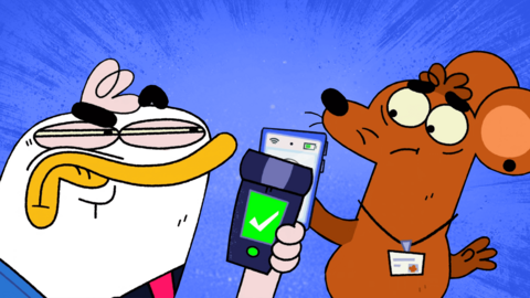 Duck is scowling at a mouse while checking their train ticket