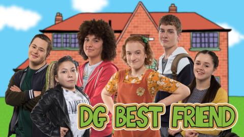 Six people (Tyler, Alex, Chloe, Finn, Sasha and Floss) in front of a cartoonified Ashdene Ridge.