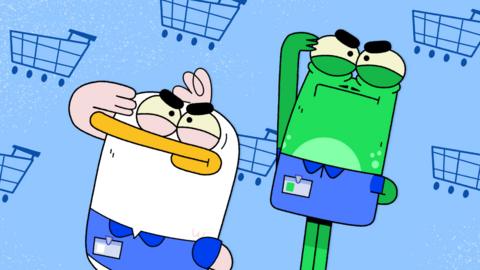 Image of a cartoon duck and frog against a blue background with shopping trolleys.