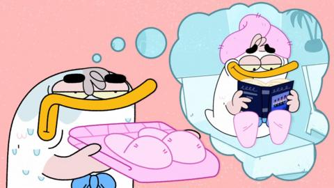 Duck is soaking wet holding some spa slippers imagining him going to the spa and reading a book
