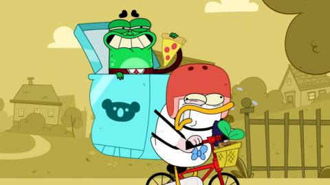 Duck is struggling to ride a bike because his backpack is so heavy. He is carrying Frog who is smugly eating pizza