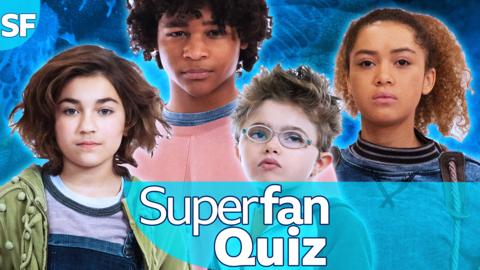 Tabby, Johnny, Finn and Julia with the stars and planets of the galaxy behind them.