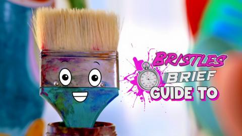 Bristles the Paintbrush is smiling next to "Bristles guide to art"