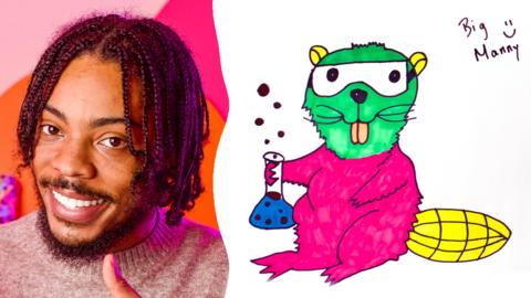 Big Manny next to a rainbow beaver