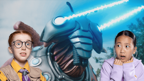 An alien is shooting lasers from it's eyes while two Girl Troops look panicked