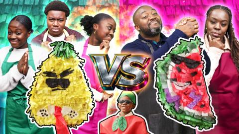 Kwapong family go head to head to make fruit themed smashable pinatas.