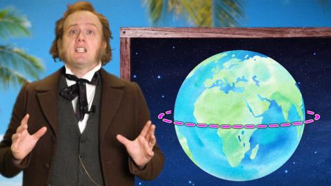 Darwin, wearing a brown tweed suit, is standing in front of a picture of the Earth whilst chatting